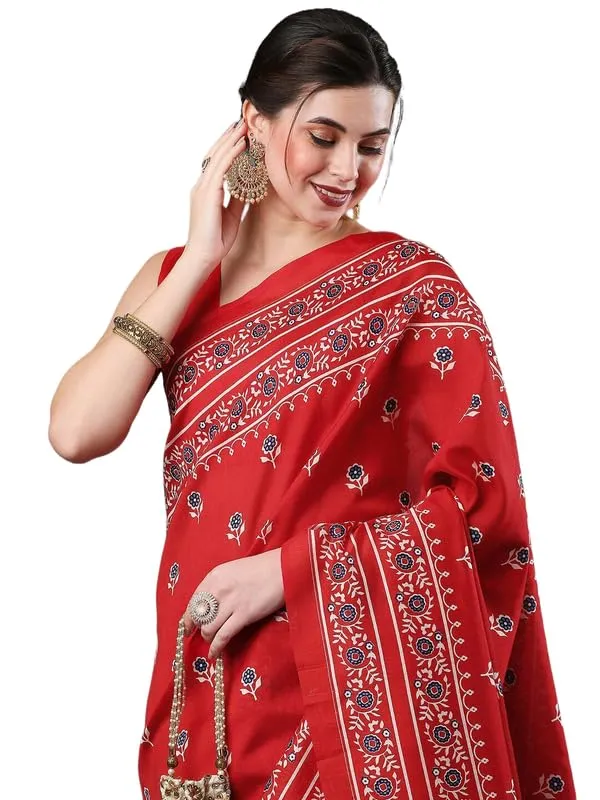 Red_Cotton_Block_Prints_Saree_For_Women