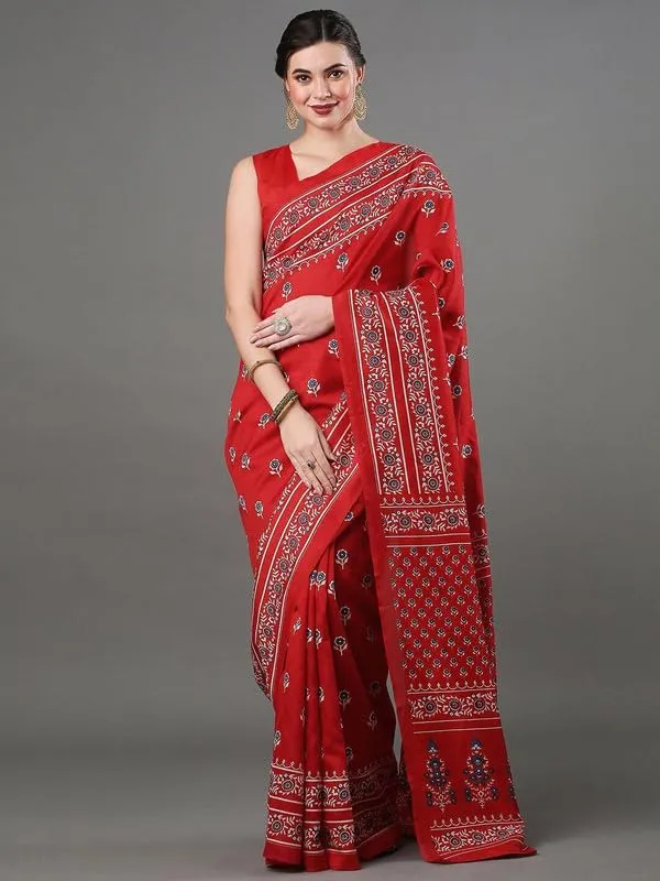 Red_Cotton_Block_Prints_Saree_For_Women