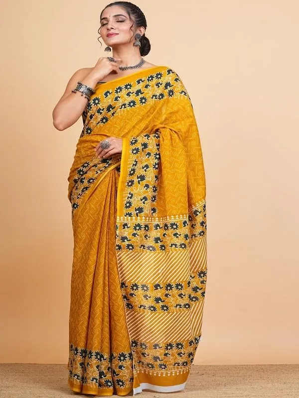 Yellow_Cotton_Block_Prints_Saree_For_Women