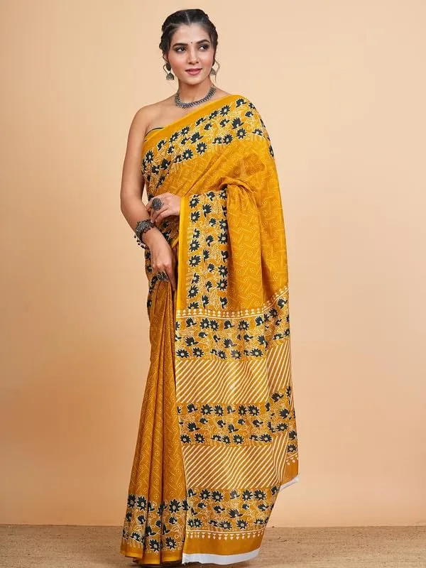 Yellow_Cotton_Block_Prints_Saree_For_Women