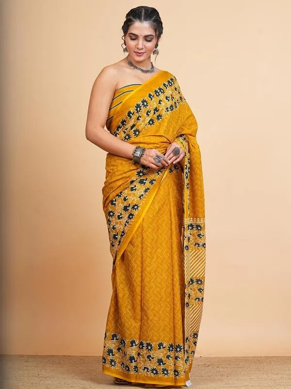 Yellow_Cotton_Block_Prints_Saree_For_Women