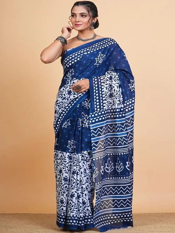 Indigo_Cotton_Block_Prints_Saree_For_Women