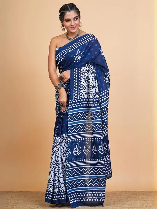 Indigo_Cotton_Block_Prints_Saree_For_Women