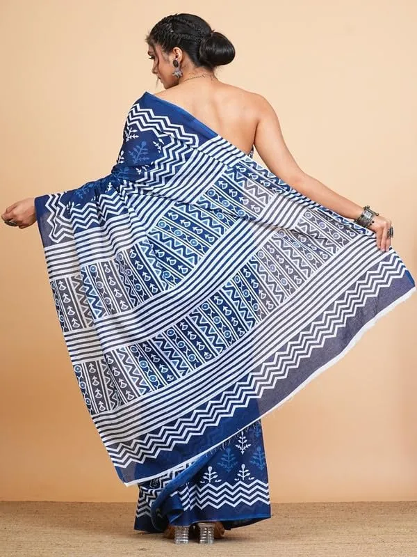Blue_Cotton_Block_Prints_Saree_For_Women