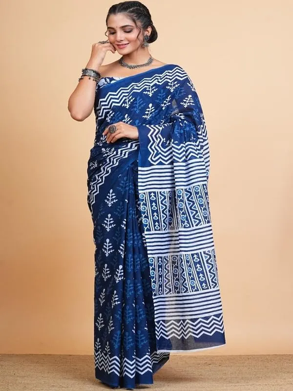 Blue_Cotton_Block_Prints_Saree_For_Women