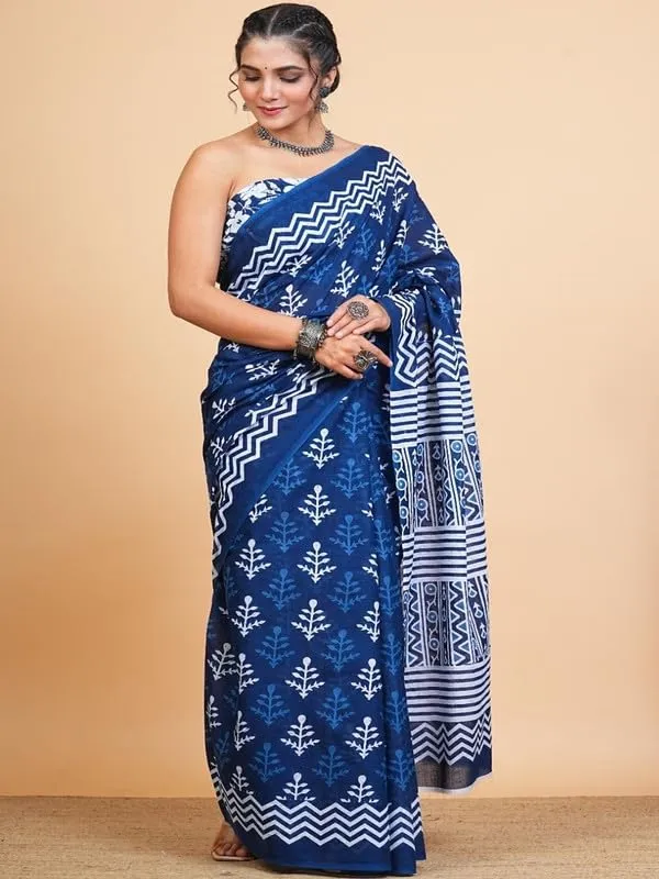 Blue_Cotton_Block_Prints_Saree_For_Women
