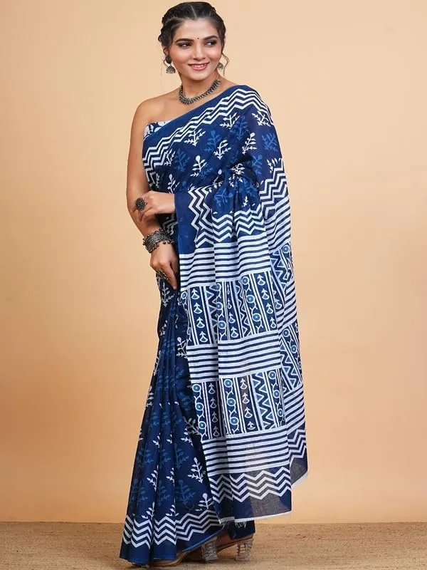 Blue_Cotton_Block_Prints_Saree_For_Women