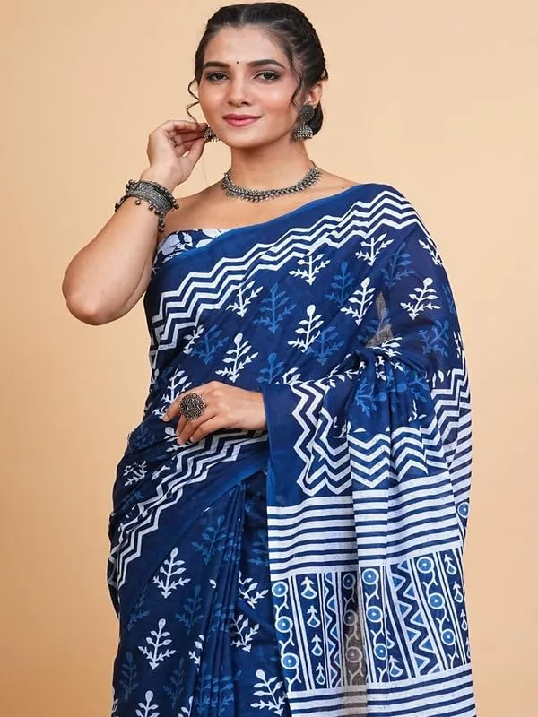 Blue_Cotton_Block_Prints_Saree_For_Women