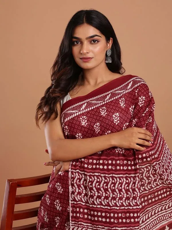 Maroon_Cotton_Block_Prints_Saree_For_Women