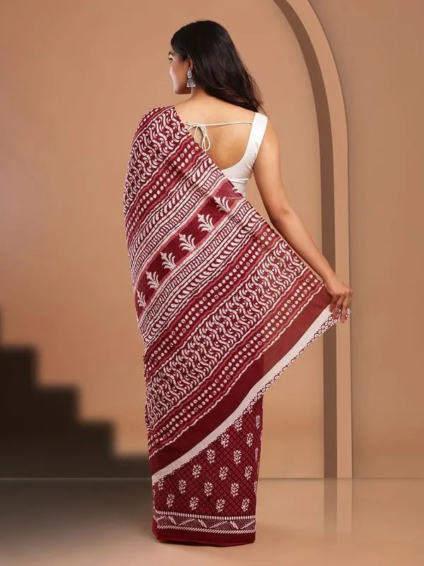 Maroon_Cotton_Block_Prints_Saree_For_Women