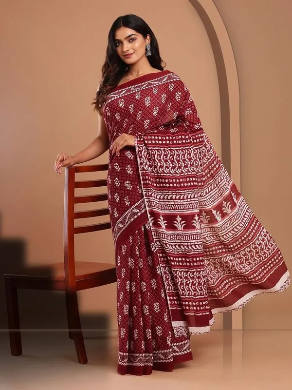 Maroon_Cotton_Block_Prints_Saree_For_Women