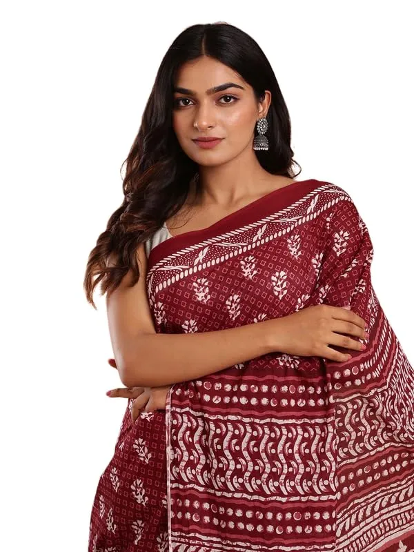 Maroon_Cotton_Block_Prints_Saree_For_Women
