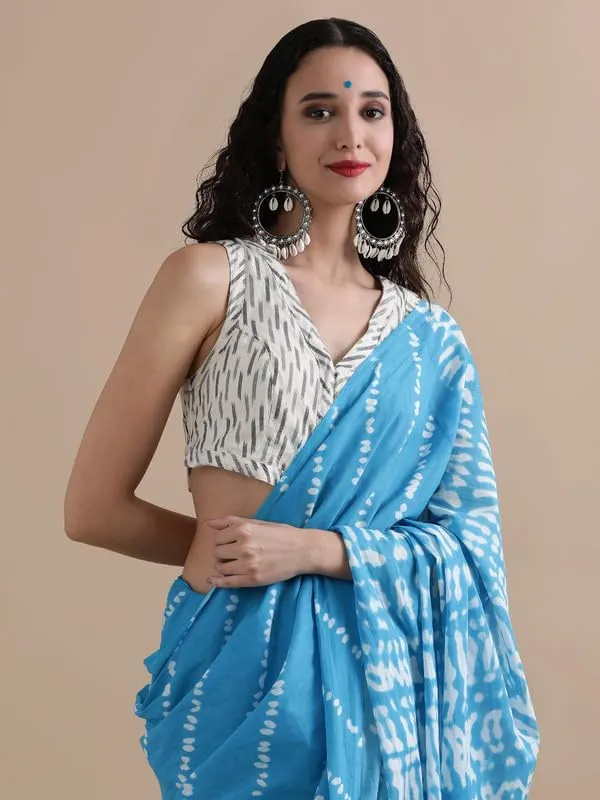 Sky_Blue_Cotton_Block_Prints_Saree_For_Women