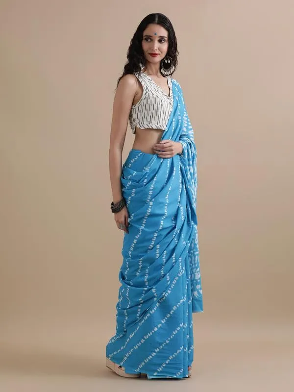 Sky_Blue_Cotton_Block_Prints_Saree_For_Women