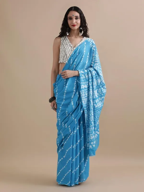 Sky_Blue_Cotton_Block_Prints_Saree_For_Women