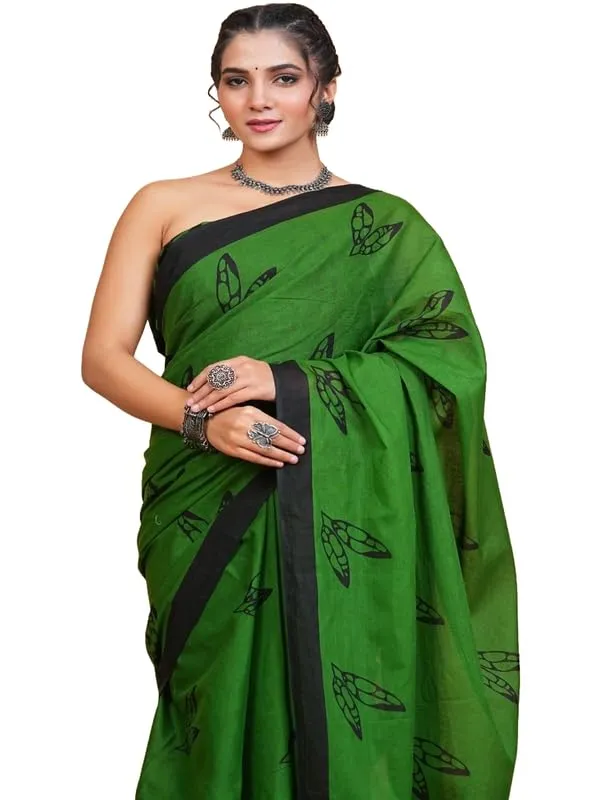 Green_Cotton_Block_Prints_Saree_For_Women