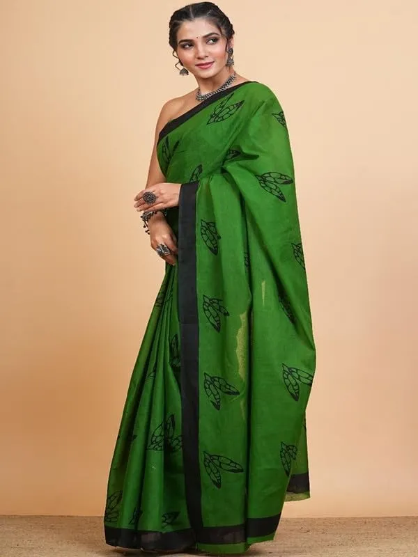 Green_Cotton_Block_Prints_Saree_For_Women