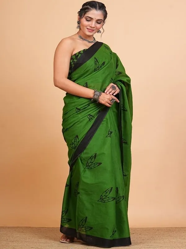 Green_Cotton_Block_Prints_Saree_For_Women