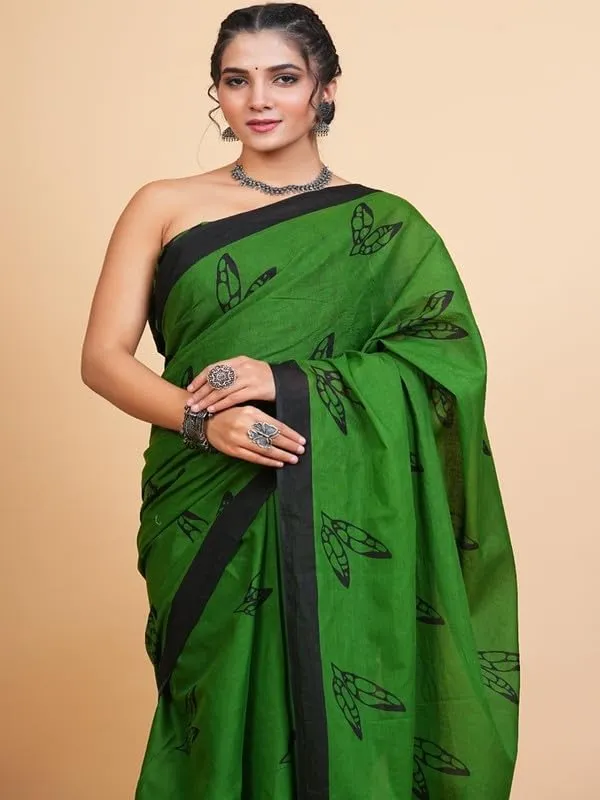 Green_Cotton_Block_Prints_Saree_For_Women