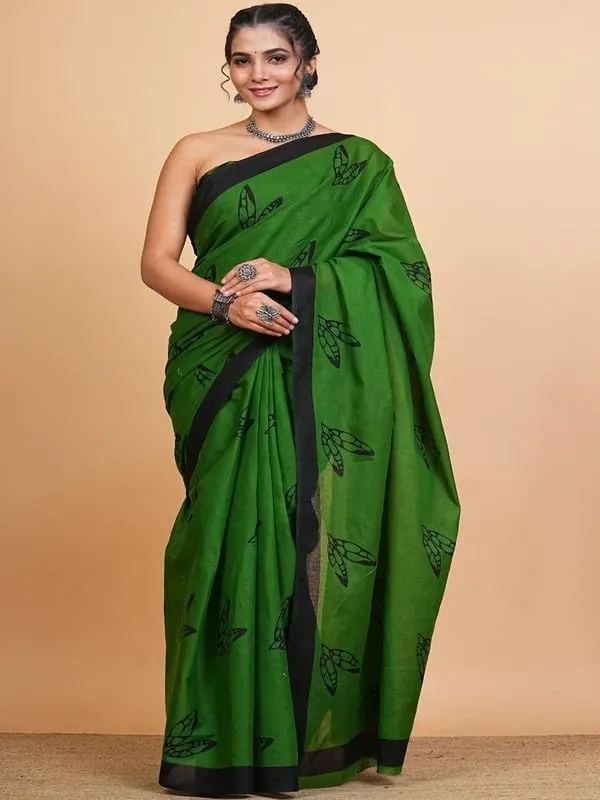 Green_Cotton_Block_Prints_Saree_For_Women