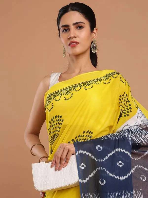 Yellow_Cotton_Block_Prints_Saree_For_Women