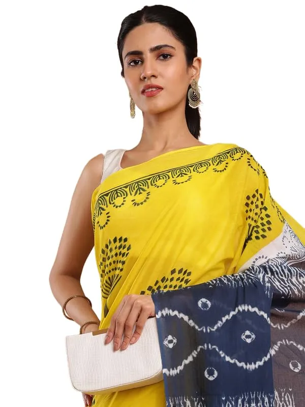 Yellow_Cotton_Block_Prints_Saree_For_Women