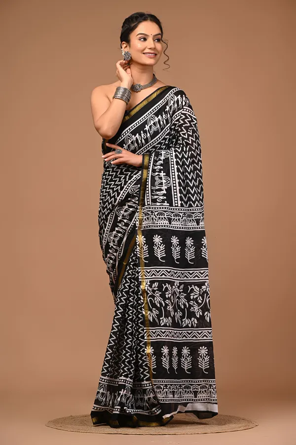 Black_Printed_Soft_Cotton_Saree_for_Women_with_Zari_Border