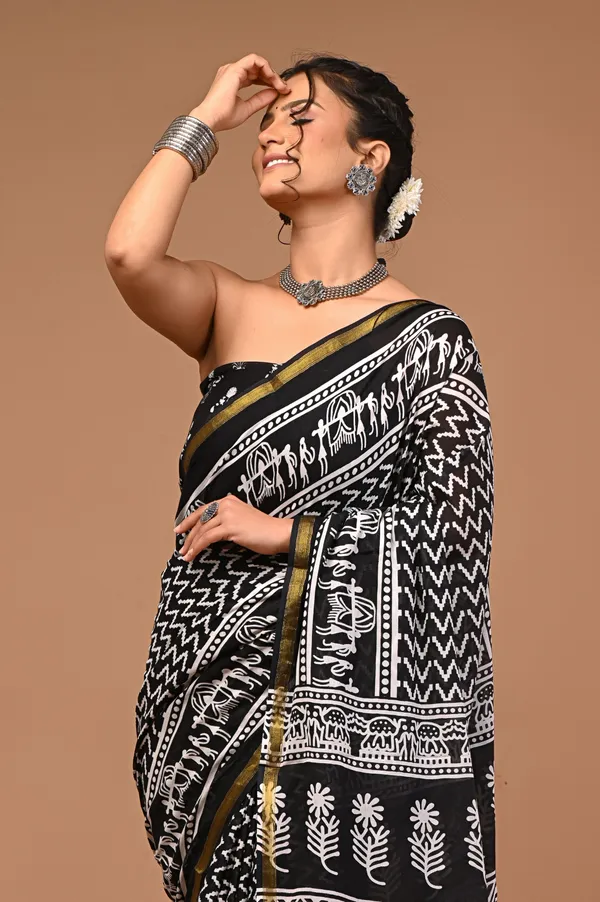 Black_Printed_Soft_Cotton_Saree_for_Women_with_Zari_Border