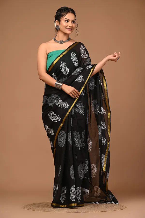 Black_Pure_Cotton_Mulmul_Zari_Border_Saree_with_Blouse