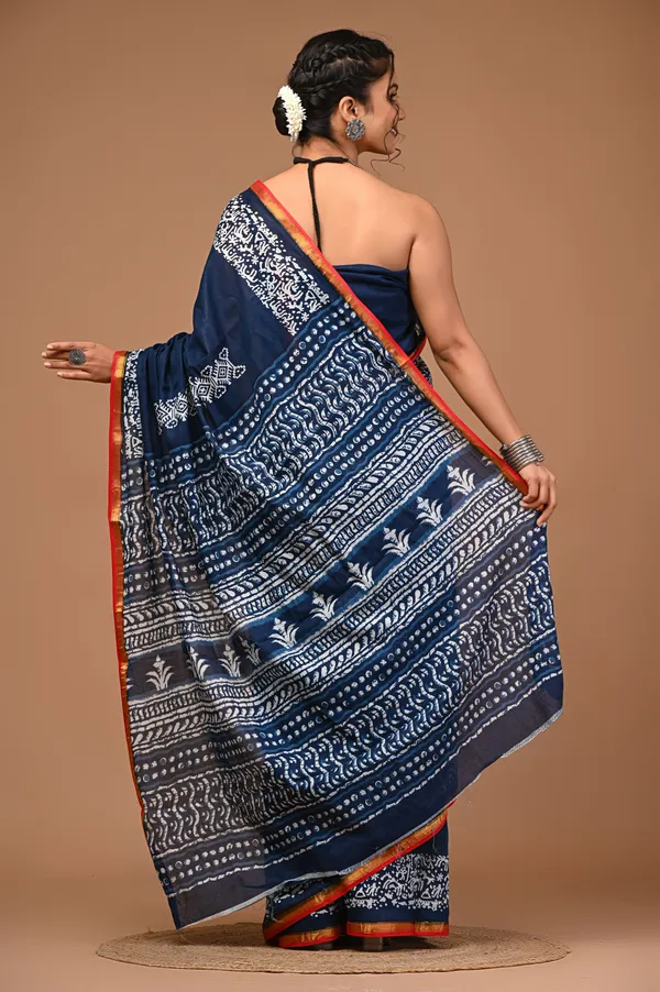 Blue_Cotton_Block_Prints_Saree_For_Women_with_Zari_Border