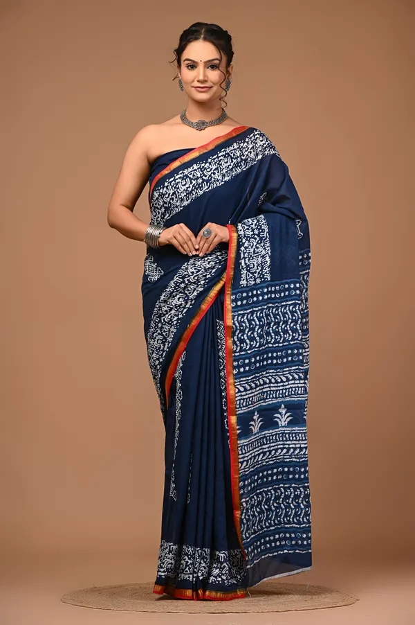 Blue_Cotton_Block_Prints_Saree_For_Women_with_Zari_Border