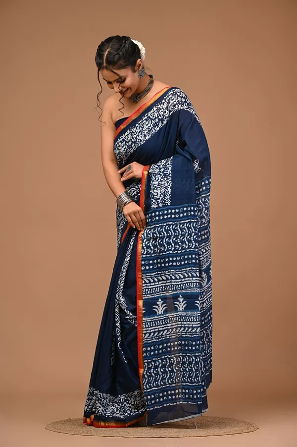 Blue_Cotton_Block_Prints_Saree_For_Women_with_Zari_Border