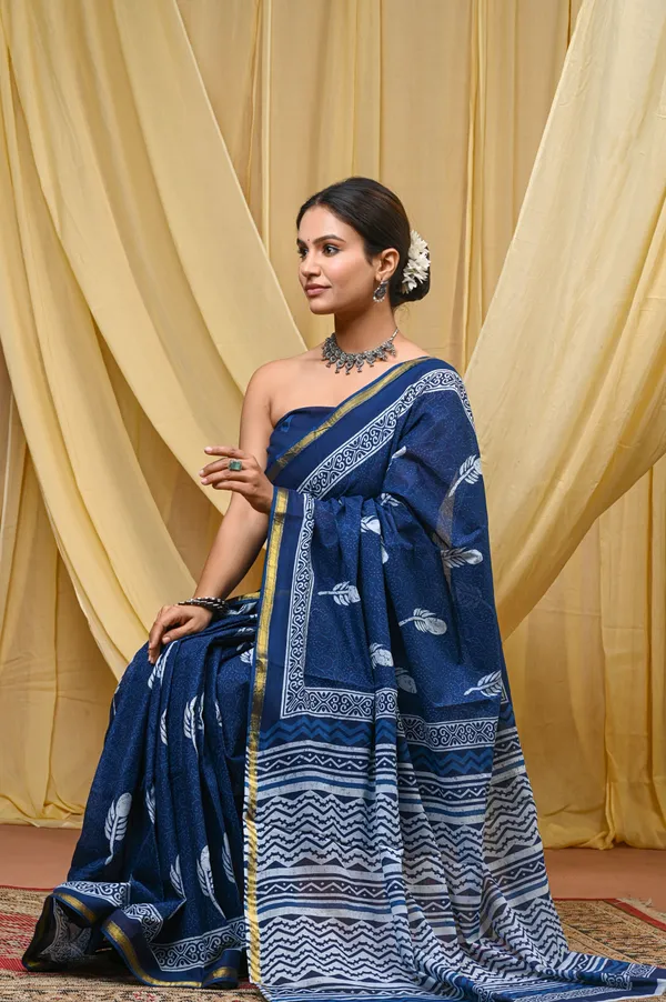Blue_Printed_Cotton_Saree_with_Zari_Border_|_Traditional_Floral_Print_Saree_for_Women_|_Elegant_Party_Wear,_Festive_Wear_&_Ethnic_Saree_|_Lightweight_Designer_Saree_with_Blouse_Piece