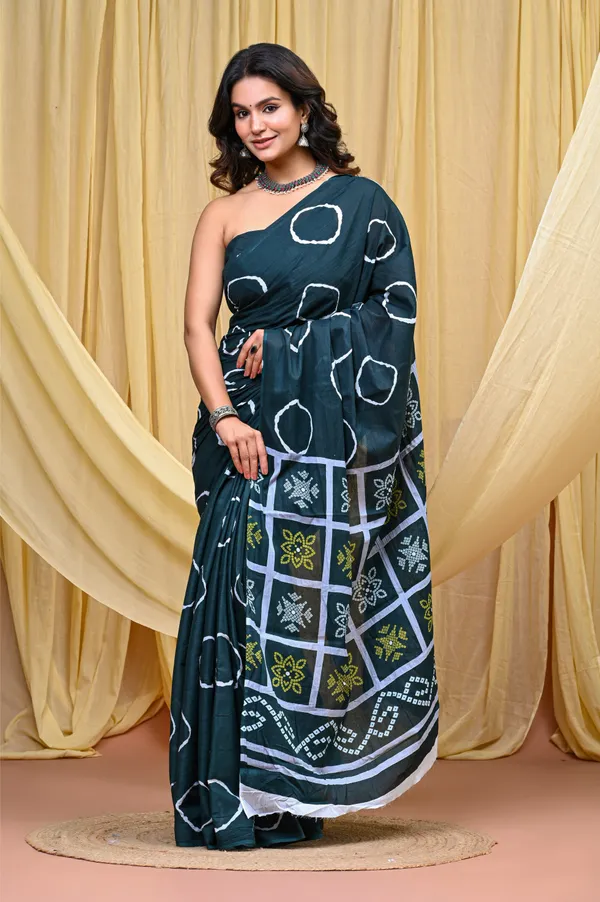 Dark_Green_Mulmul_Cotton_Saree_for_Women_With_Blouse_Piece_|_Soft_Cotton_Sari_for_Women_(Shibori)
