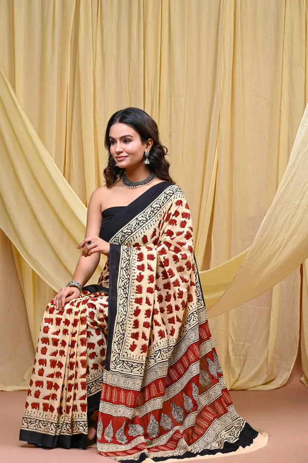 Cream_Brown_Mulmul_Cotton_Saree_for_Women_With_Blouse_Piece_|_Soft_Cotton_Sari_for_Women_(Hathi_Print)
