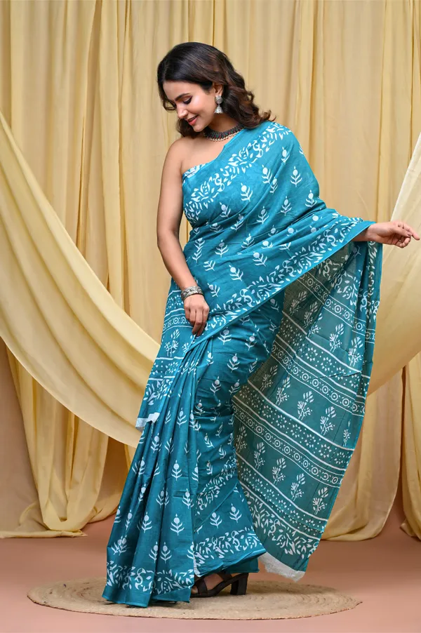 Turquoise_Mulmul_Cotton_Saree_for_Women_With_Blouse_Piece_|_Soft_Cotton_Sari_for_Women_(V-Shape)