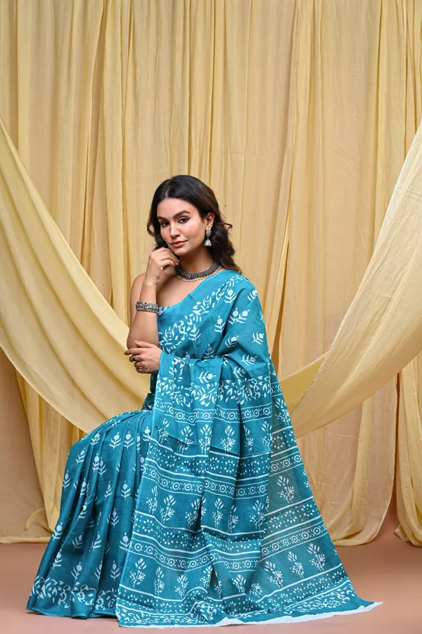 Turquoise_Mulmul_Cotton_Saree_for_Women_With_Blouse_Piece_|_Soft_Cotton_Sari_for_Women_(V-Shape)
