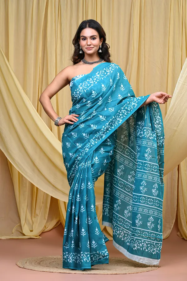 Turquoise_Mulmul_Cotton_Saree_for_Women_With_Blouse_Piece_|_Soft_Cotton_Sari_for_Women_(V-Shape)