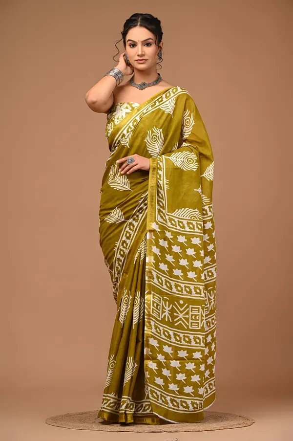Green_Cotton_Block_Prints_Saree_For_Women_with_Zari_Border