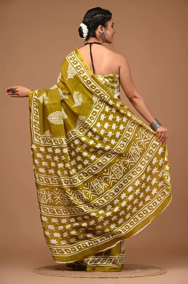 Green_Cotton_Block_Prints_Saree_For_Women_with_Zari_Border