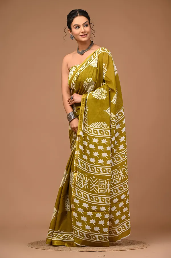 Green_Cotton_Block_Prints_Saree_For_Women_with_Zari_Border