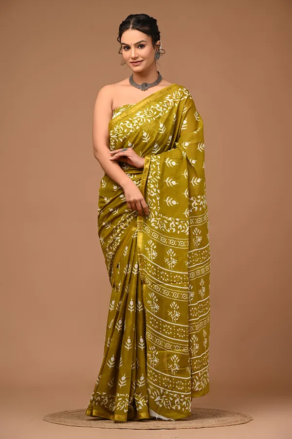 Green_Printed_Mulmul_Cotton_Saree_for_Women_with_Zari_Border