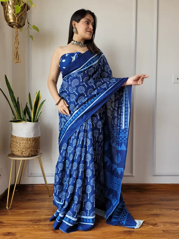 Indigo_Printed_Pure_Cotton_Mulmul_Saree_with_Blouse