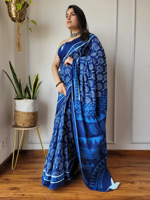Indigo_Printed_Pure_Cotton_Mulmul_Saree_with_Blouse