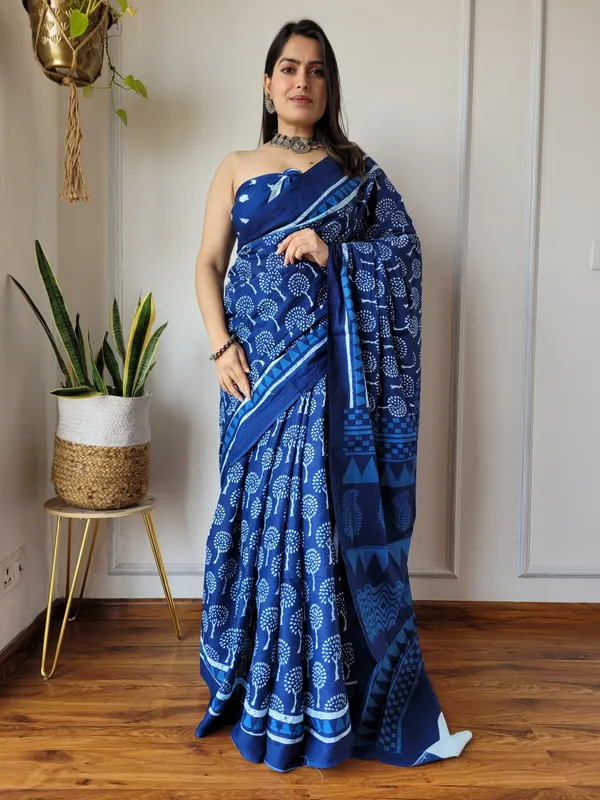 Indigo_Printed_Pure_Cotton_Mulmul_Saree_with_Blouse
