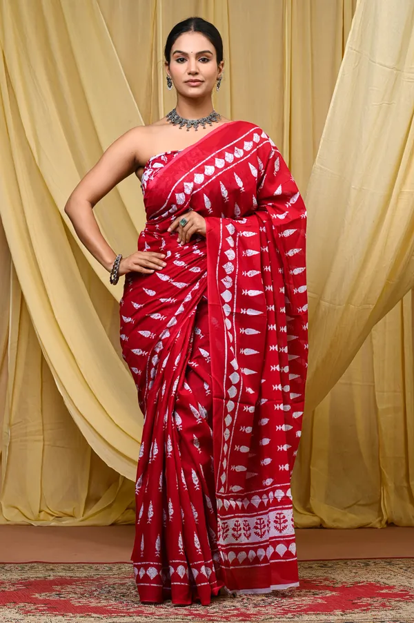 Red_Mulmul_Cotton_Saree_for_Women_With_Blouse_Piece_|_Soft_Cotton_Sari_for_Women_(Tilak)