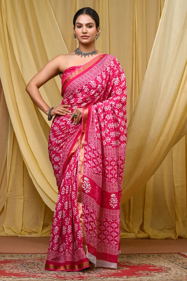 Pink_Printed_Cotton_Saree_with_Zari_Border_|_Traditional_Floral_Print_Saree_for_Women_|_Elegant_Party_Wear,_Festive_Wear_&_Ethnic_Saree_|_Lightweight_Designer_Saree_with_Blouse_Piece