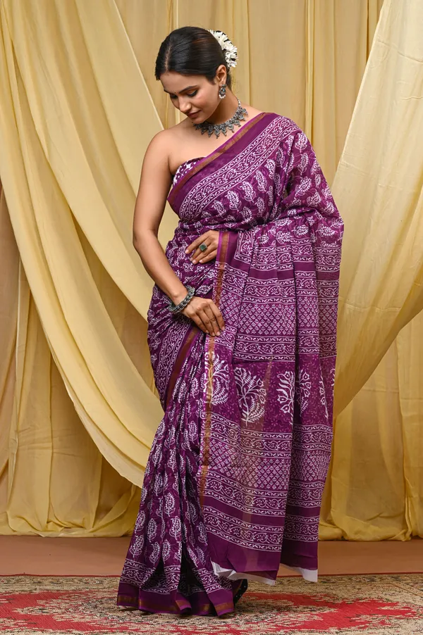 Purple_Printed_Cotton_Saree_with_Zari_Border_|_Traditional_Floral_Print_Saree_for_Women_|_Elegant_Party_Wear,_Festive_Wear_&_Ethnic_Saree_|_Lightweight_Designer_Saree_with_Blouse_Piece