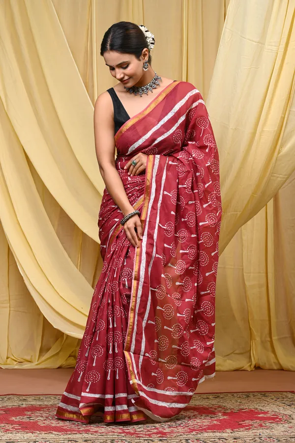 Red_Hand_Block_Print_Cotton_Saree_for_Women_with_Golden_Zari_Border_|_Traditional_Printed_Mulmul_Cotton_Saree_|_Lightweight_Daily_Wear_Ethnic_Saree
