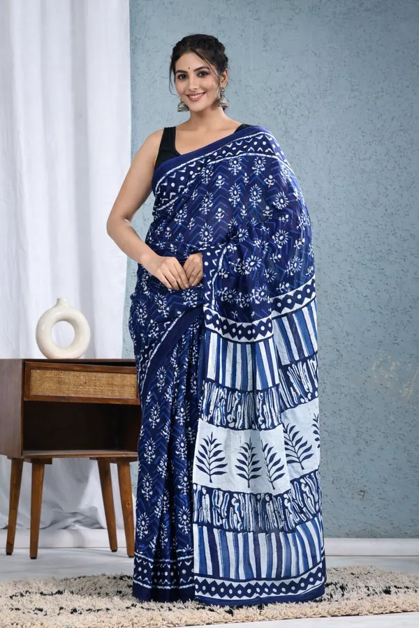 Turquoise_&_White_Cotton_Block_Prints_Saree_For_Women
